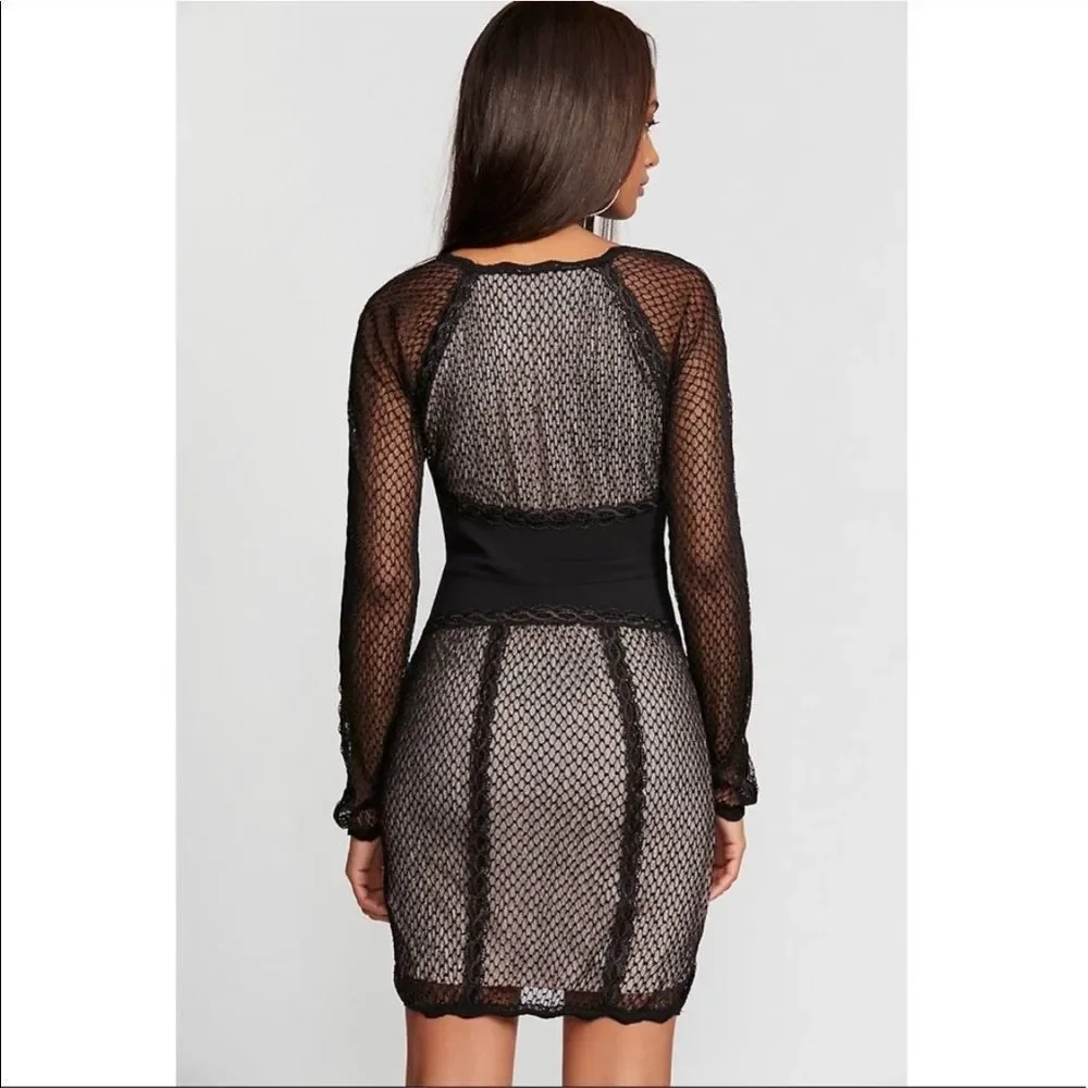 FREE People XS Mixed Mesh Bodycon Long Sleeve Casual Evening Party Dress - Picture 2 of 3
